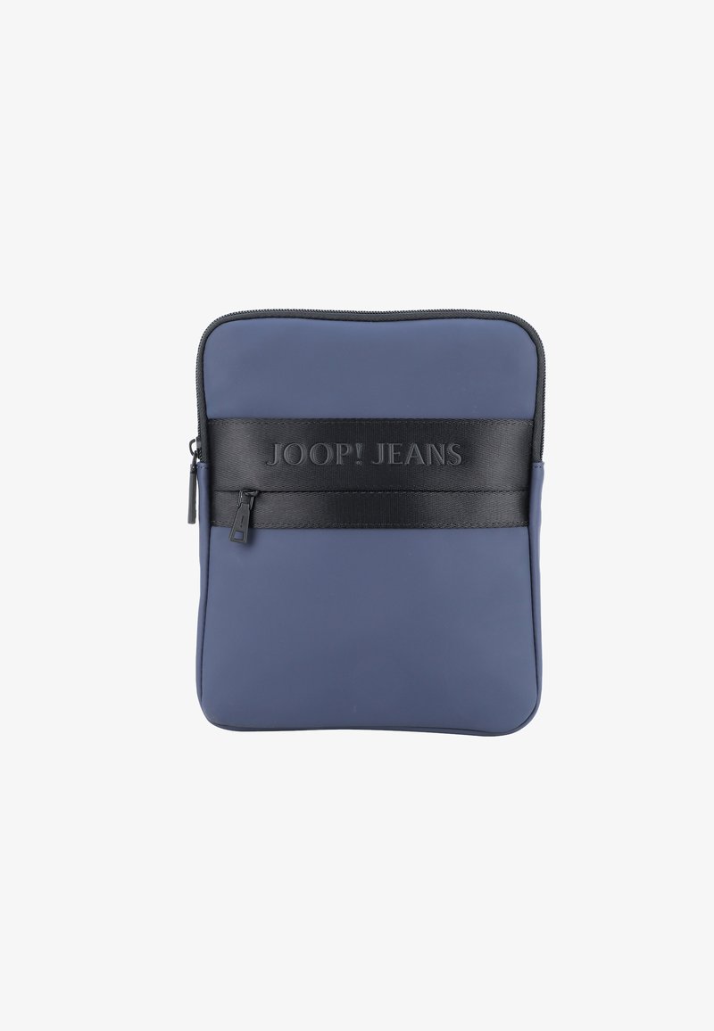 Custodia per laptop blu navy con zip, realizzata in materiale liscio, presenta una banda nera testurizzata con logo in rilievo. Forma quadrata con angoli arrotondati.