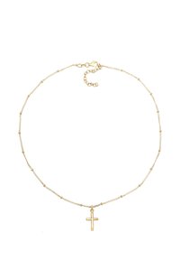 Złoty naszyjnik z delikatnym wisiorkiem w kształcie krzyża, ozdobiony małymi koralikami na łańcuszku. Prosty design z zapięciem typu karabińczyk.