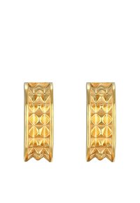 Boucles d'oreilles en or en forme de créoles avec un design texturé et un motif géométrique. Elles présentent des bords lisses et une finition polie pour un intérêt visuel.