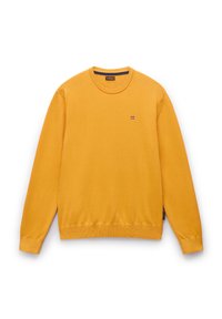 Geel gebreid sweater met een ronde hals, ribboorden bij de mouwen en onderkant, en een klein vlaglogo op de borst. Glad materiaal, normale pasvorm.