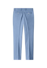 Light blue trousers made of textured fabric. Features two back pockets with button closures and neatly tailored straight legs.