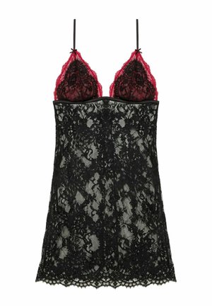 Nuisette en dentelle noire avec des bonnets en dentelle rouge, bretelles ajustables et ourlet festonné. Présente des motifs floraux dans le design de la dentelle.