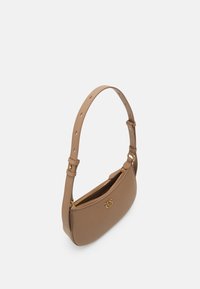 Brown leather shoulder bag with a curved design, adjustable strap, gold zipper, and central logo detail. Smooth texture and minimalistic style.