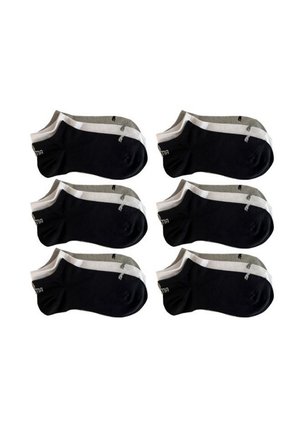 Sechs Paare Knöchelsocken in Schwarz und Grau, mit einem weißen Streifen und kleinem Logodetail, aus einem weichen, dehnbaren Stoff gefertigt.