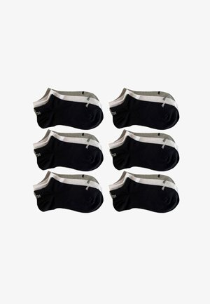 Sechs Paare Knöchelsocken in Schwarz und Grau, mit einem weißen Streifen und kleinem Logodetail, aus einem weichen, dehnbaren Stoff gefertigt.
