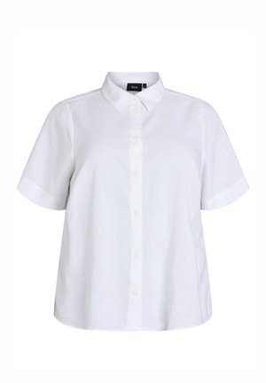 Weißes kurzärmeliges Hemd mit Knöpfen und Kragen, schlichtes Design, leicht lockere Passform, durchgehende Frontknöpfe und kurze Ärmel.