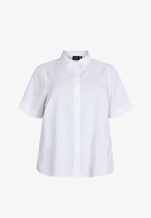 Biała koszula na krótki rękaw z kołnierzykiem, jednolity wzór, lekko luźny krój, guziki z przodu i krótkie rękawy.