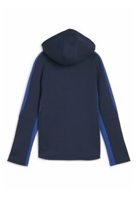 Sudadera con capucha de color marino y mangas largas, con paneles laterales azules y una textura suave. La parte posterior presenta un diseño limpio y minimalista.