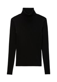 Pull à col roulé noir avec des manches longues, texture côtelée, coupe ajustée et un col haut. Le matériau semble doux et extensible.