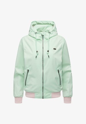 Licht muntgroene gewatteerde jas met capuchon, voorrits, capuchon met trekkoord, twee ritszakken en lichtroze geribbelde boorden bij de mouwen en zoom.