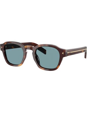 Quadratische Schildpatt-Sonnenbrille mit dunklen Gläsern und goldenen Akzenten an den Bügeln und nahe den Scharnieren.