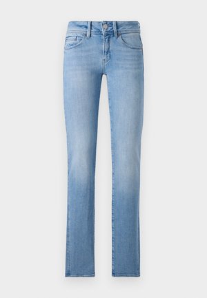 Light blue denim jeans with a straight cut, five pockets, and a button fly. Features slight fading and a casual, classic design.