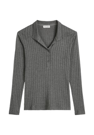 Grijze langarm polo shirt met een geribbelde textuur, kraag en een knoopsluiting met drie knopen. Gemaakt van zachte stof.