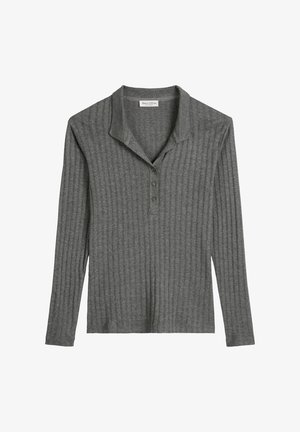 Grijze langarm polo shirt met een geribbelde textuur, kraag en een knoopsluiting met drie knopen. Gemaakt van zachte stof.