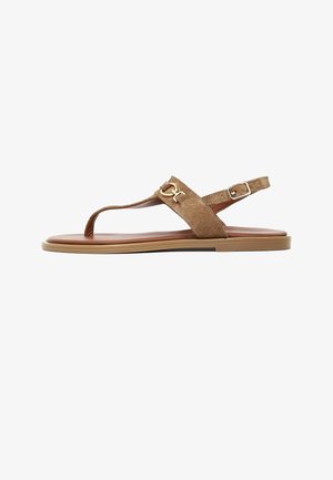 Brown suede flat sandal with toe post, adjustable ankle strap with buckle, and gold metal decorative detail on the upper strap.