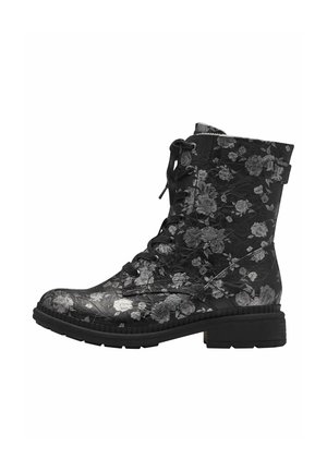 Bottine noire à lacets avec semelle épaisse, décorée d’un subtil motif floral gris et d’une bride latérale à boucle.