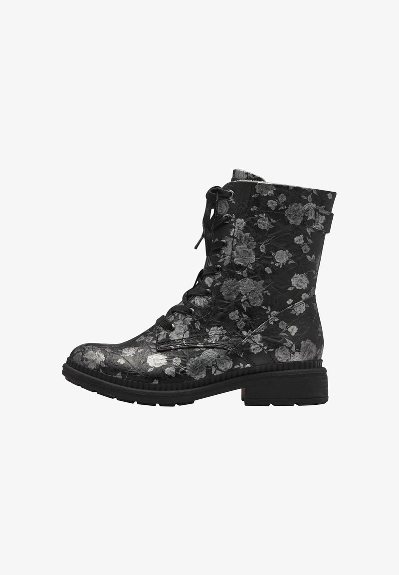 Bottine noire à lacets avec semelle épaisse, décorée d’un subtil motif floral gris et d’une bride latérale à boucle.