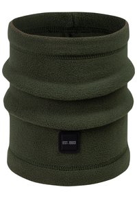 Fleece nek gaiter, olijf groen, gestructureerde stof, cilindervorm met meerdere plooien, heeft een zwart label met "EST. 1993."