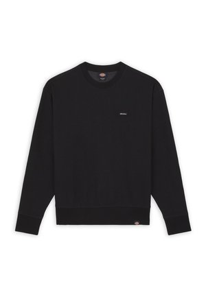 Czarny sweatshirt z okrągłym dekoltem, wykonany z miękkiego materiału, z prążkowanymi mankietami i dołem, z małą metką marki na piersi.
