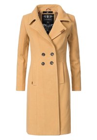 Dubbelzijdige beige jas met grote kraag, zijzakken en zwarte knopen. Glad textuur met een getailleerde pasvorm. Voering aan de binnenkant.