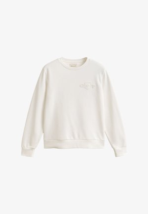 Hanorac alb cu guler rotund, mâneci lungi și logo subtil în relief pe partea stângă a pieptului, fabricat din țesătură moale.