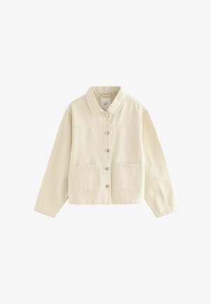 Crèmekleurige denimjas met een kraag, knoopsluiting, twee voorkruiken en lange mouwen. Zachte textuur en casual ontwerp.