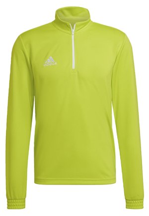 Helle limonengrüne Sportjacke mit Reißverschluss und Stehkragen, ausgestattet mit langen Ärmeln und Rippakzenten an den Bündchen. Adidas-Logo in Weiß.