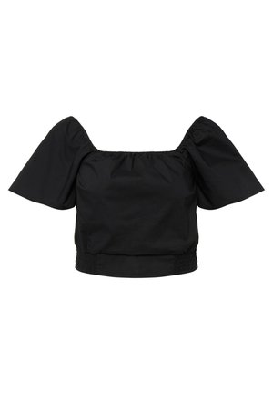 Black cropped blouse with puffed sleeves and a square neckline. Made of smooth, opaque fabric with gathered elastic at the hem.