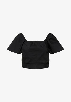 Schwarze, verkürzte Bluse mit puffäußeren Ärmeln und quadratischem Ausschnitt. Hergestellt aus glattem, blickdichtem Stoff mit gerafftem Gummizug am Saum.