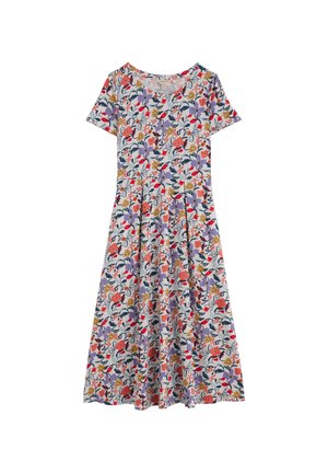 Virágmintás midi ruha rövid ujjakkal, testhezálló derékkal és több színű, fehér alapon piros, lila, narancssárga és zöld virágmintával.
