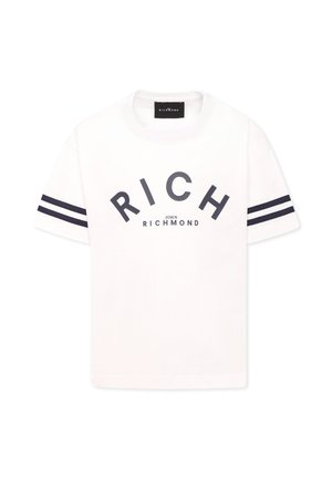 Witte katoen t-shirt met een ronde halslijn, met daarop opvallende marineblauwe tekst "RICH" en "JOHN RICHMOND" en marineblauwe gestreepte accenten op de mouwen.