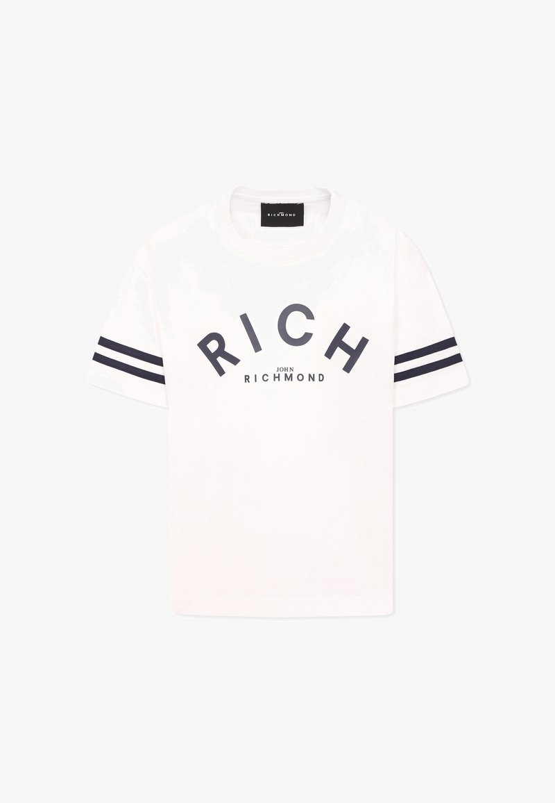 T-shirt en coton blanc avec un col rond, présentant un texte en gras de couleur marine indiquant "RICH" et "JOHN RICHMOND", ainsi que des accents rayés marins sur les manches.
