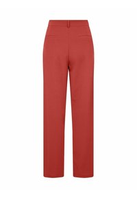 Rode, wijde broekspijpen gemaakt van gladde stof. Voorzien van een vlakke voorkant, twee achterzakken en een nette zoom, geschikt voor verschillende gelegenheden.