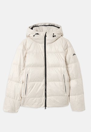 Light beige puffer jacket with a hood, zipper closure, and two side pockets; features a partially quilted design and black accents.