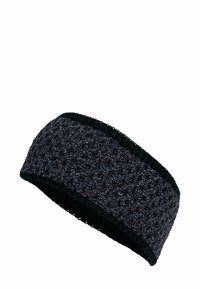 Un bandeau tricoté en gris foncé avec un motif texturé, présentant un bord inférieur noir à côtes. Matériau doux et élastique pour le confort.