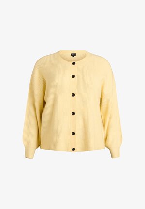 Gele cardigan met geribbelde textuur, ronde hals en zwarte knopen aan de voorkant. Losvallende pasvorm met lange mouwen en een rechte zoom.