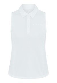 Tricou polo alb fără mâneci, realizat dintr-un material neted, având un guler pliabil, o închidere cu trei butoane și un logo subtil al mărcii pe partea stângă.
