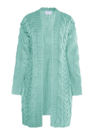 Cardigan oversize in verde menta realizzato in morbido materiale a maglia, caratterizzato da trame di treccia testurizzate e apertura frontale. Maniche lunghe con polsini a coste.