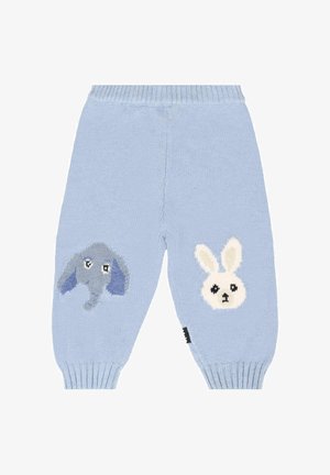 Lichtblauwe gebreide babypants met een olifantengezicht op het linkerbeen en een wit konijnenhoofd op het rechterbeen.