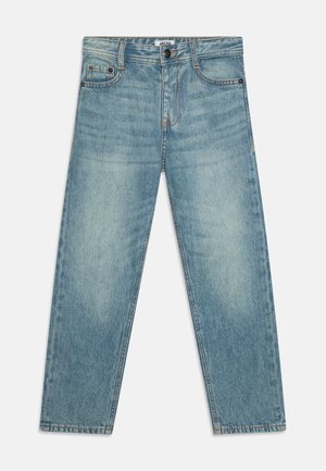 Heled sinine teksapüksid, sirge jala disain, viie tasku stiil ja kontrastsete õmblustega. Nööpkinni tõmbamine taljes.