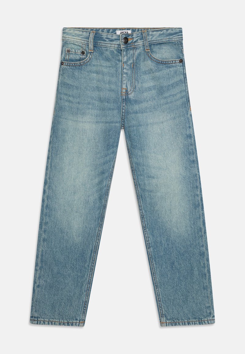 Heled sinine teksapüksid, sirge jala disain, viie tasku stiil ja kontrastsete õmblustega. Nööpkinni tõmbamine taljes.