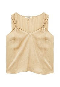 Beige ärmlös topp med strukturerad finish, med knytningar på axlarna och V-ringning. Inkluderar två framfickor.