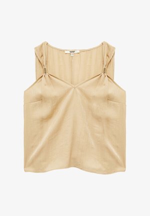 Beige ärmelloses Top mit strukturiertem Finish, ausgestattet mit Knotenakzenten an den Schultern und einem V-Ausschnitt. Enthält zwei Taschen auf der Vorderseite.
