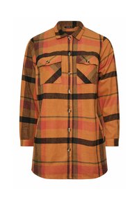 Flanellskjorta med rutmönster i orange, svart och beige. Har två bröstfickor, knäppning framtill och krage. Mjuk textur.