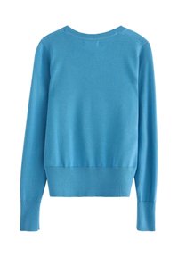 Maglione blu lavorato a maglia con scollo rotondo, polsini e orlo a coste. Il materiale sembra morbido con una texture liscia e senza motivi visibili.