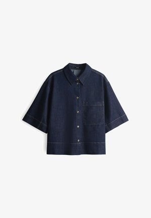 Dunkelblauses Kurzarmhemd mit Button-Down-Kragen, einer Brusttasche, subtilen Stichdetails und einem lässigen Schnitt.