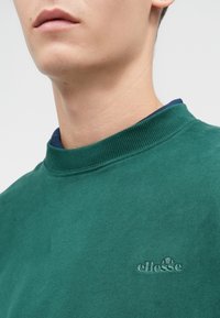 Felpa verde in cotone con colletto rotondo a coste e un logo sottile al centro. Collo blu navy stratificato visibile sotto. Tessuto liscio.