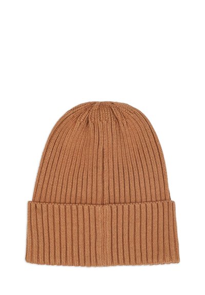 Chapeau en tricot côtelé marron avec un revers replié, fabriqué en tissu texturé, présentant un sommet sans couture et un ajustement serré.