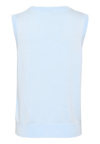 Débardeur en tricot bleu clair sans manches avec une texture subtile, un col rond et un ourlet côtelé, présentant un design épuré et simple.
