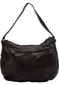 Mørkebrun læder skuldertaske med en enkelt lynlåslomme foran og en justerbar rem.